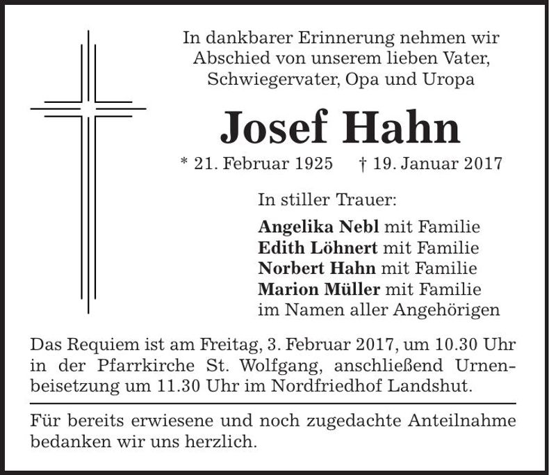 Traueranzeige Josef Hahn