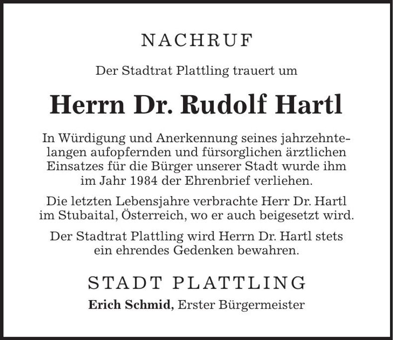Traueranzeige Rudolf Hartl