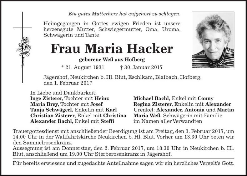 Traueranzeige Maria Hacker