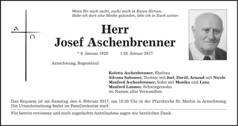 Traueranzeige Josef Aschenbrenner