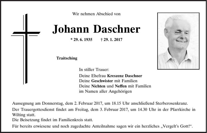 Traueranzeige Johann Daschner