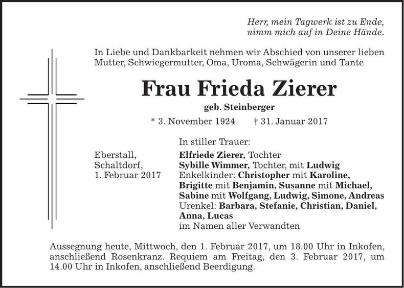 Traueranzeige Frieda Zierer