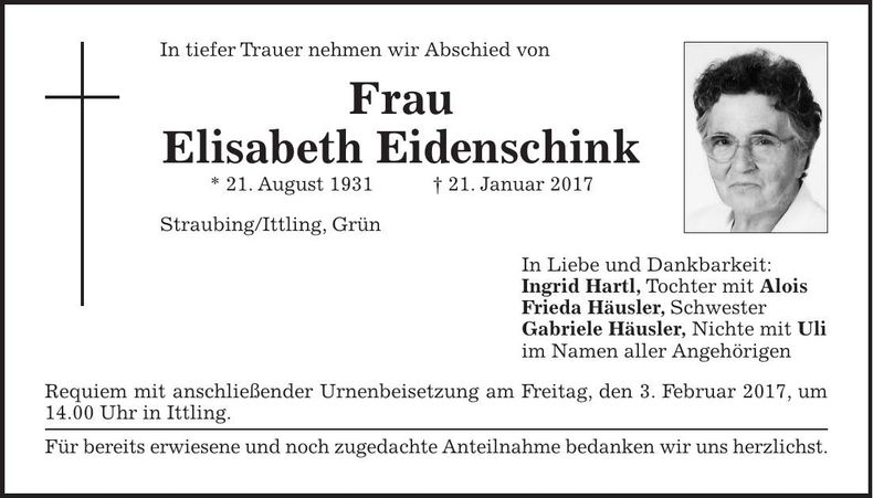 Traueranzeige Elisabeth Eidenschink