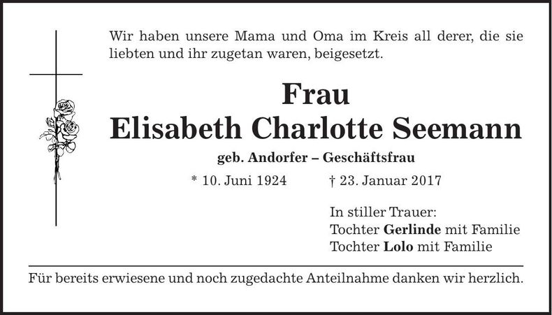 Traueranzeige Elisabeth Charlotte Seemann