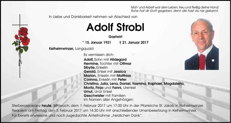 Traueranzeige Adolf Strobl