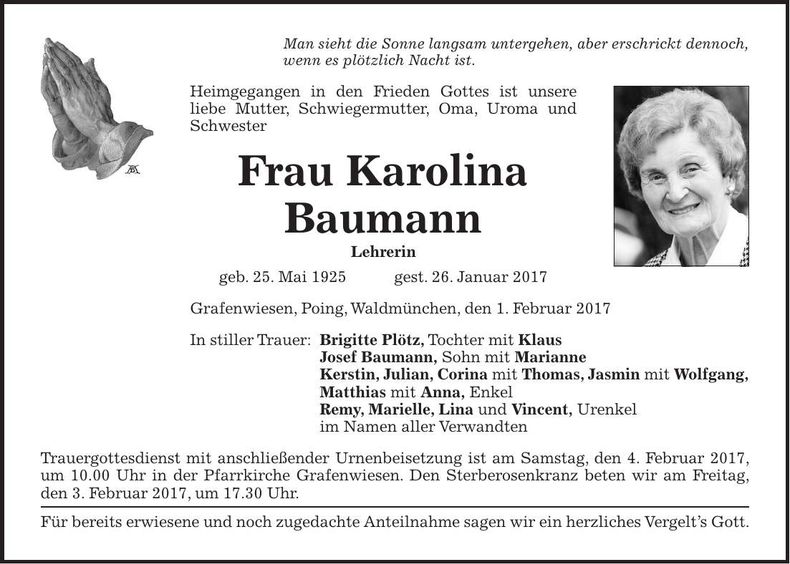 Traueranzeige Karolina Baumann