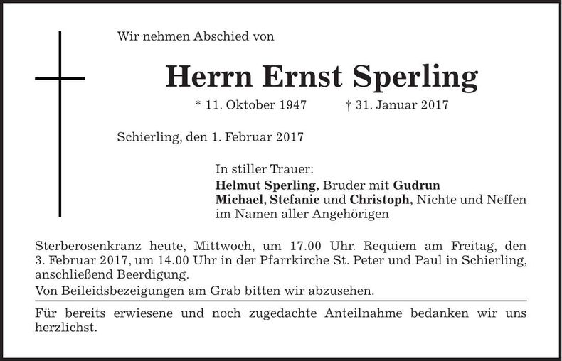 Traueranzeige Ernst Sperling