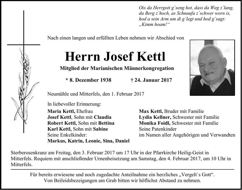 Traueranzeige Josef Kettl
