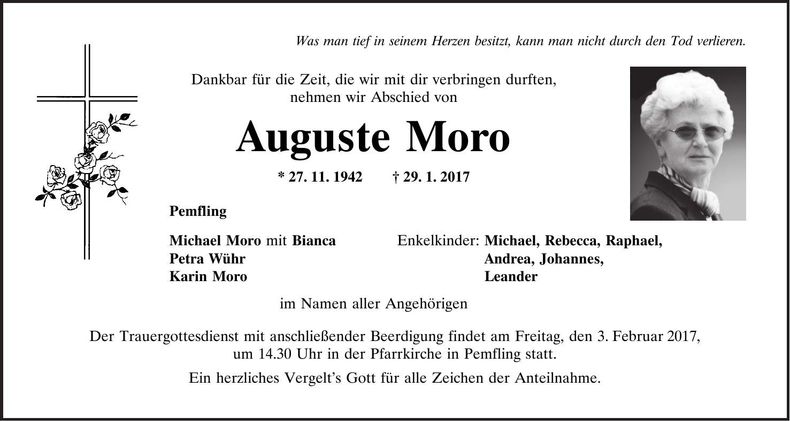 Traueranzeige Auguste Moro