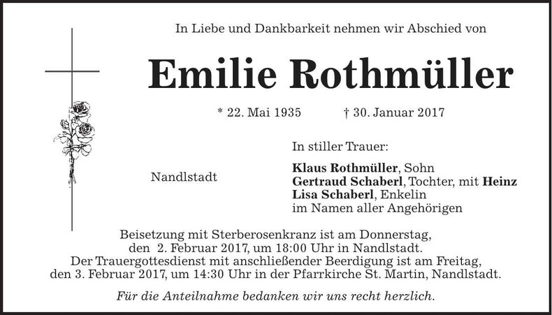 Traueranzeige Rothmüller Emilie