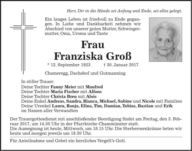 Traueranzeige Franziska Groß