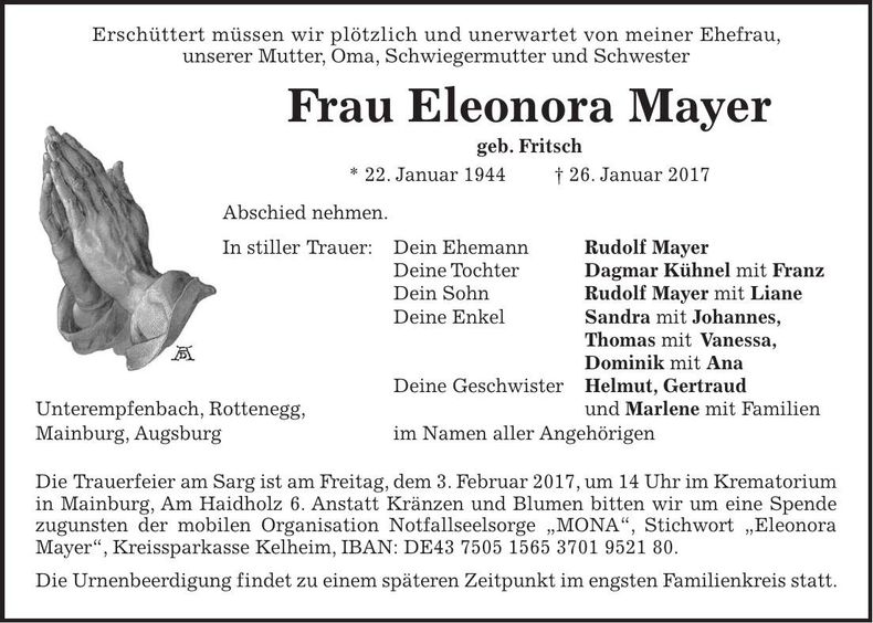 Traueranzeige Eleonora Mayer