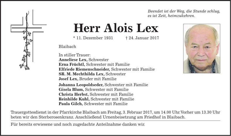 Traueranzeige Alois Lex