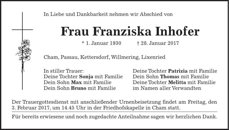 Traueranzeige Franziska Inhofer