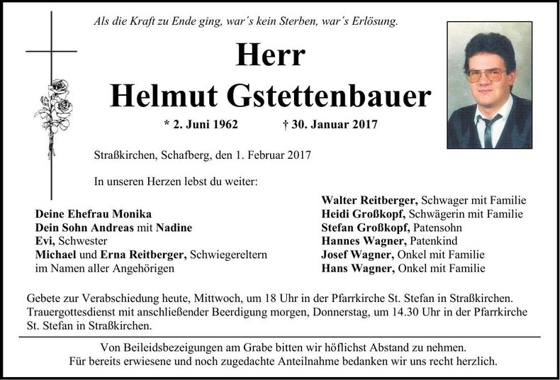 Traueranzeige Helmut Gstettenbauer