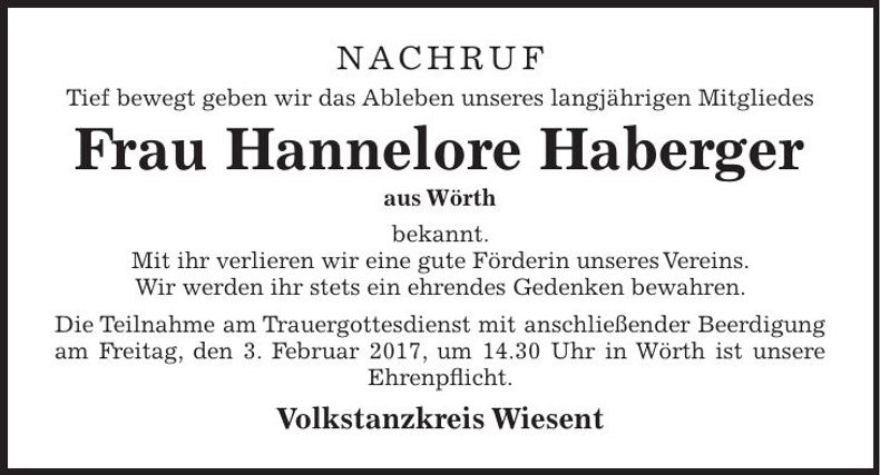 Traueranzeige Hannelore Haberger