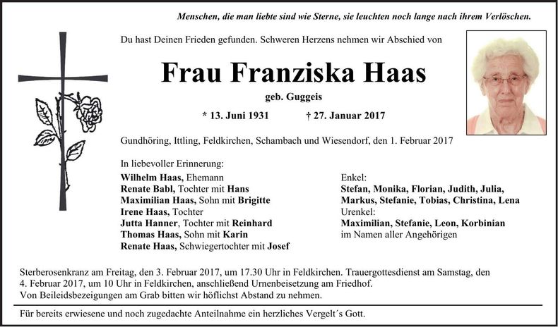 Traueranzeige Franziska Haas