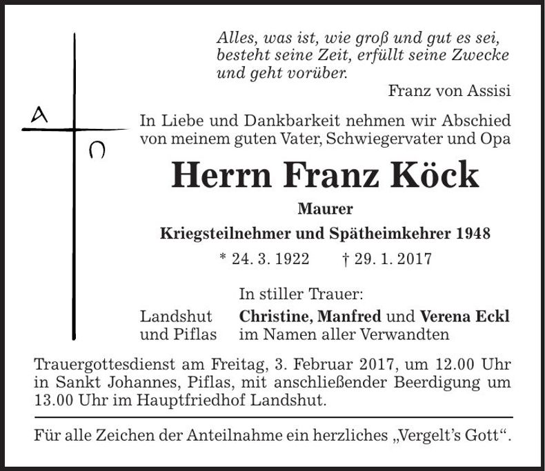 Traueranzeige Franz Köck