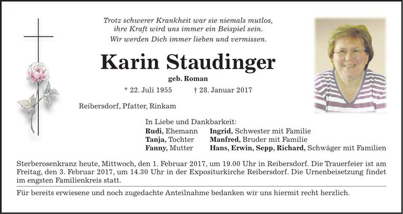 Traueranzeige Karin Staudinger