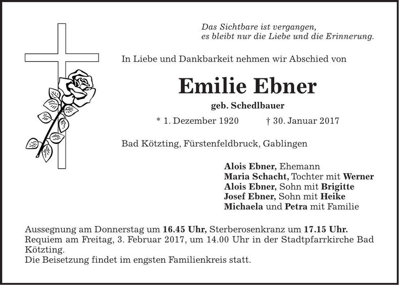 Traueranzeige Emilie Ebner