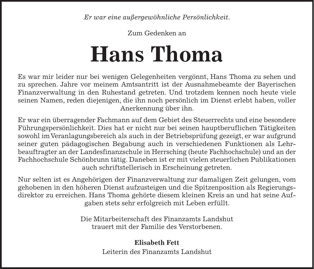 Traueranzeige Hans Thoma