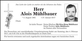 Traueranzeige Alois Mühlbauer