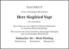 Traueranzeige Siegfried Vogt