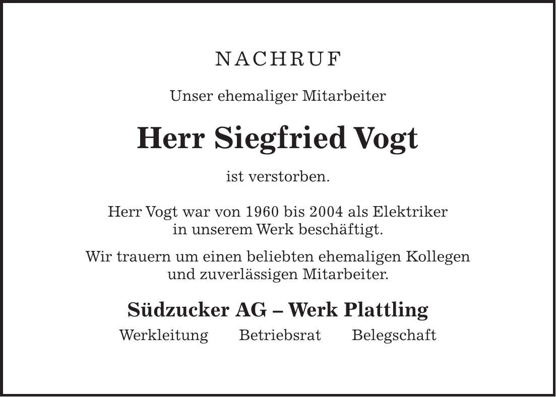 Traueranzeige Siegfried Vogt