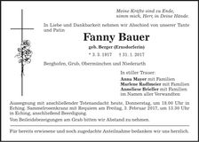 Traueranzeige Fanny Bauer
