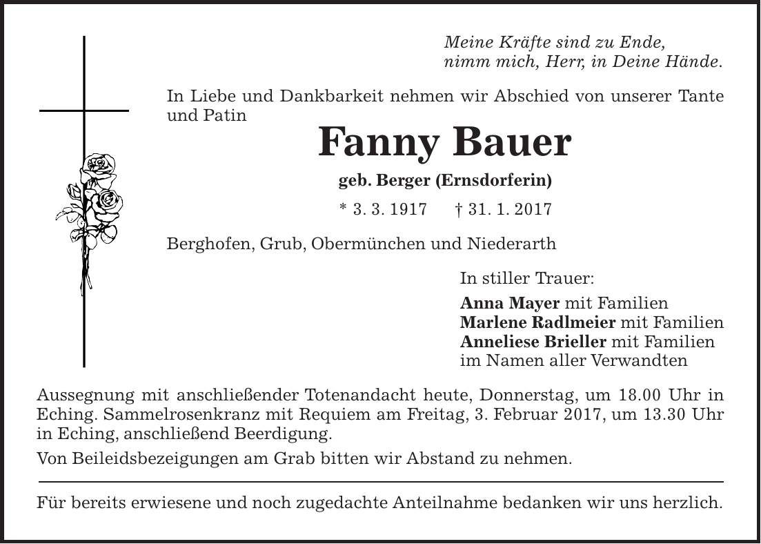Traueranzeige Fanny Bauer