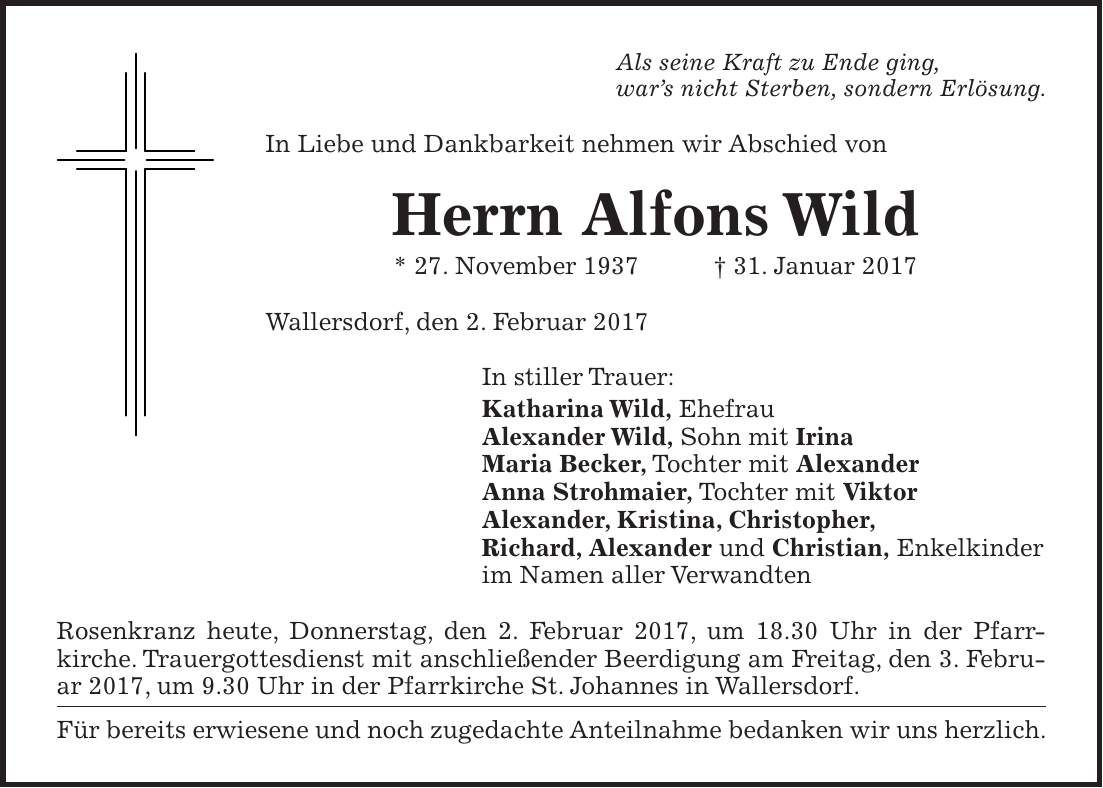 Traueranzeige Alfons Wild