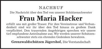 Traueranzeige Maria Hacker