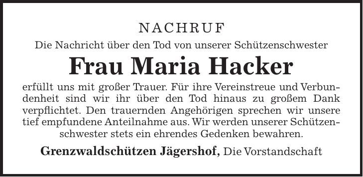 Traueranzeige Maria Hacker