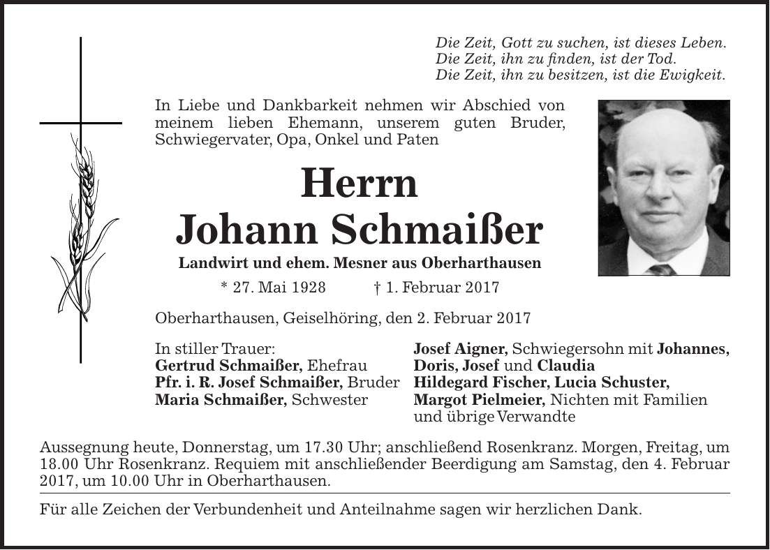 Traueranzeige Johann Schmaißer