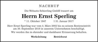 Traueranzeige Ernst Sperling