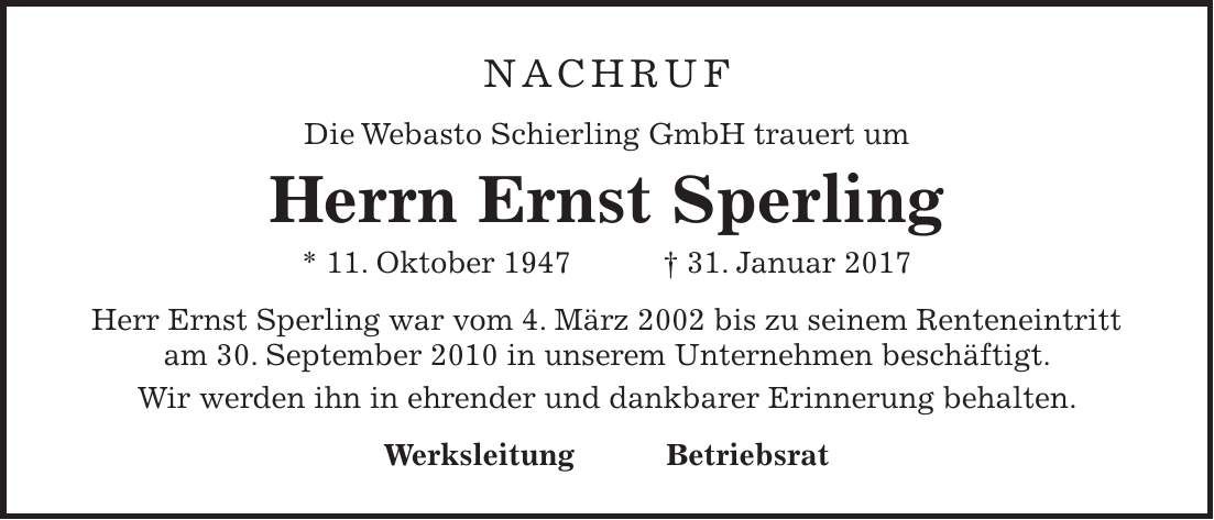 Traueranzeige Ernst Sperling
