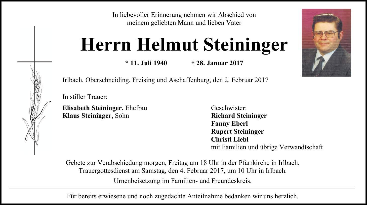 Traueranzeige Helmut Steininger