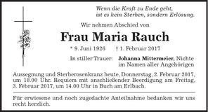 Traueranzeige Maria Rauch