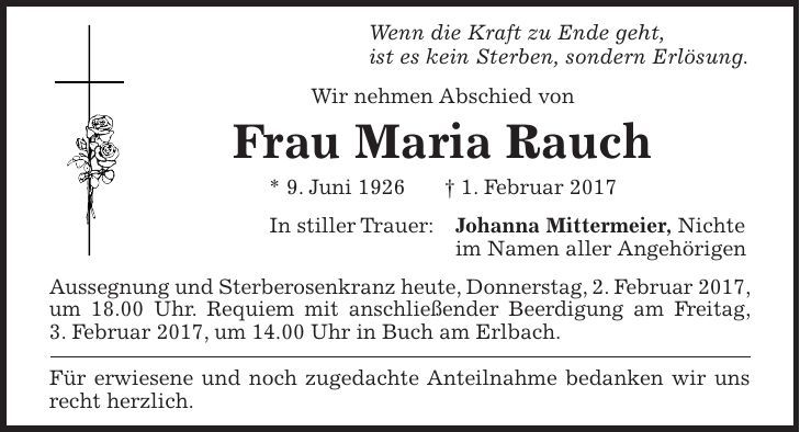 Traueranzeige Maria Rauch