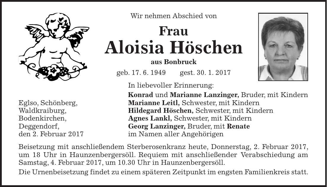 Traueranzeige Aloisia Höschen