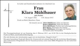 Traueranzeige Klara Mühlbauer
