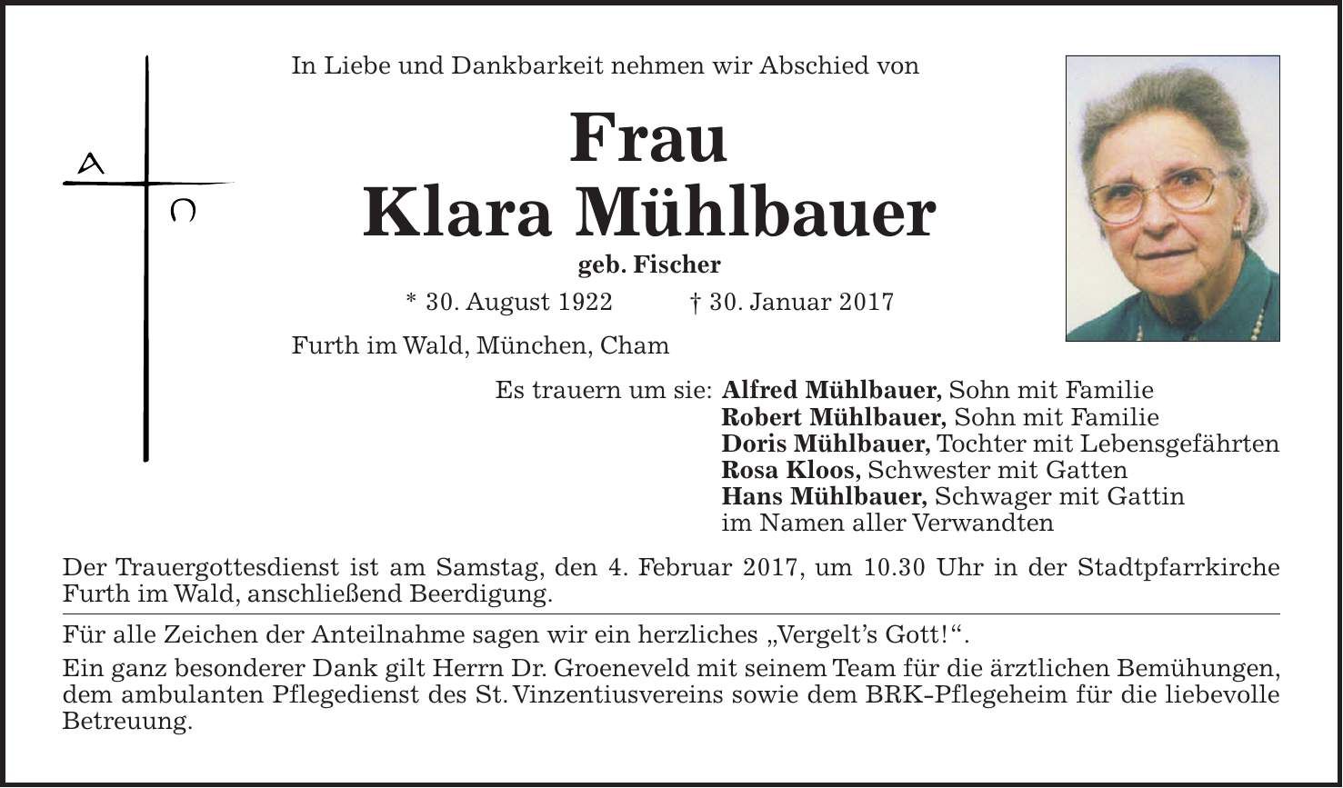 Traueranzeige Klara Mühlbauer