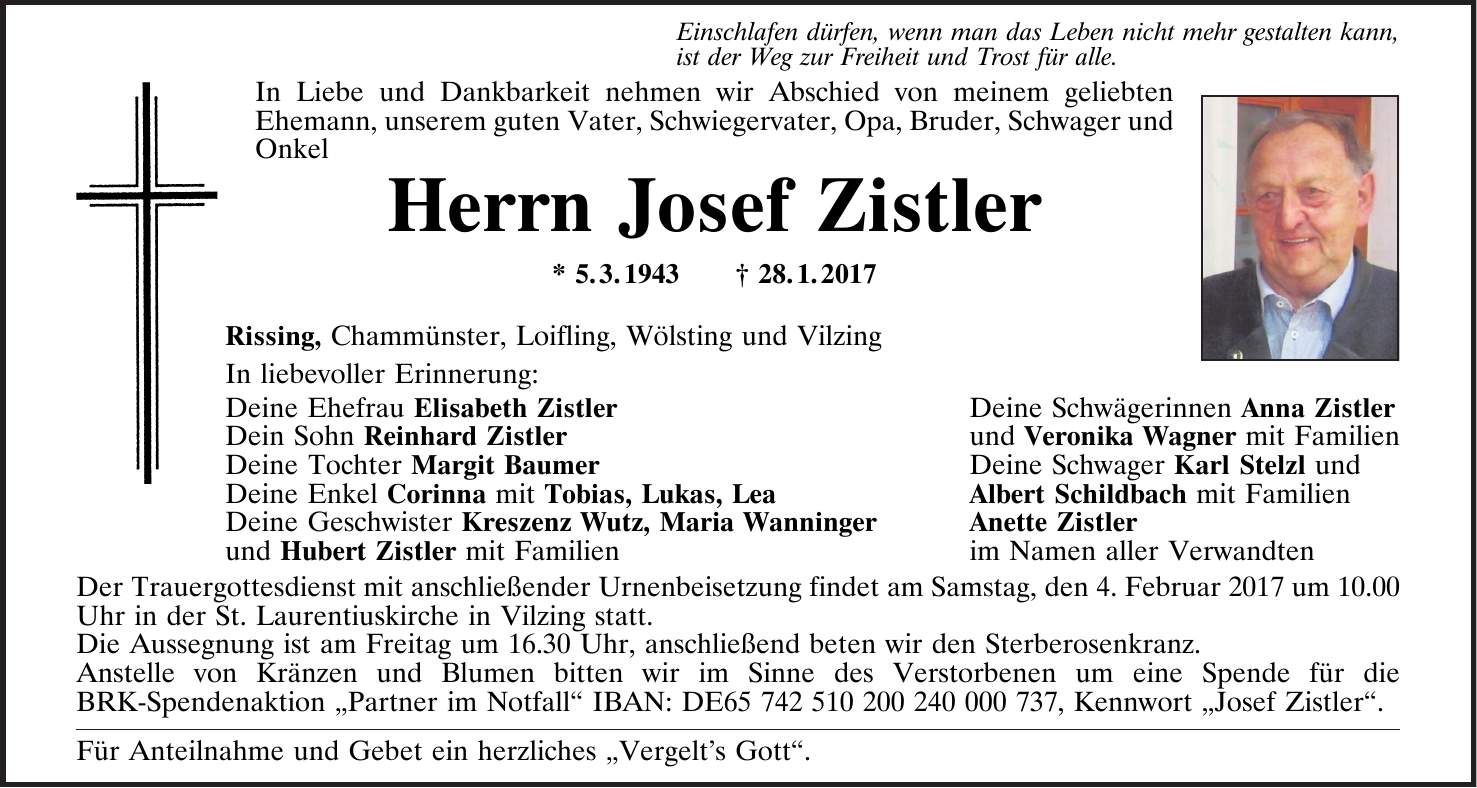 Traueranzeige Josef Zistler