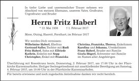 Traueranzeige Fritz Haberl