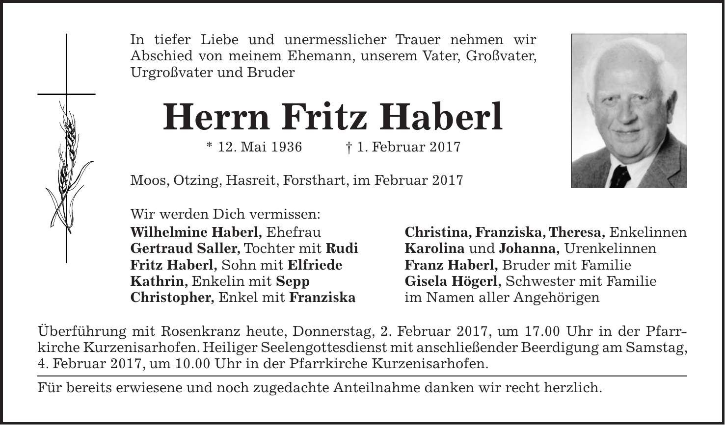 Traueranzeige Fritz Haberl