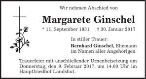 Traueranzeige Margarete Ginschel