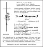 Traueranzeige Frank Wassereck