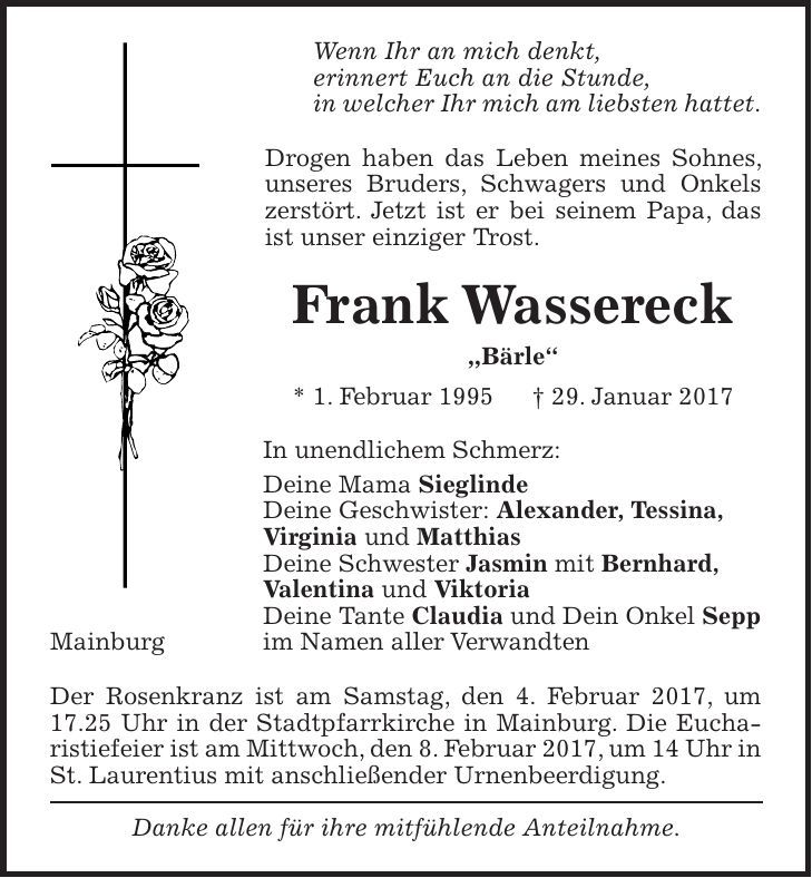 Traueranzeige Frank Wassereck