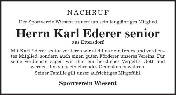 Traueranzeige Karl Ederer