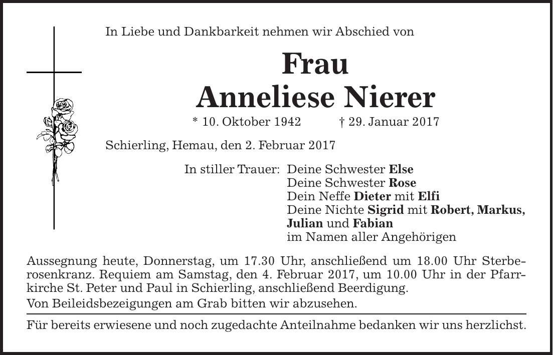 Traueranzeige Anneliese Nierer